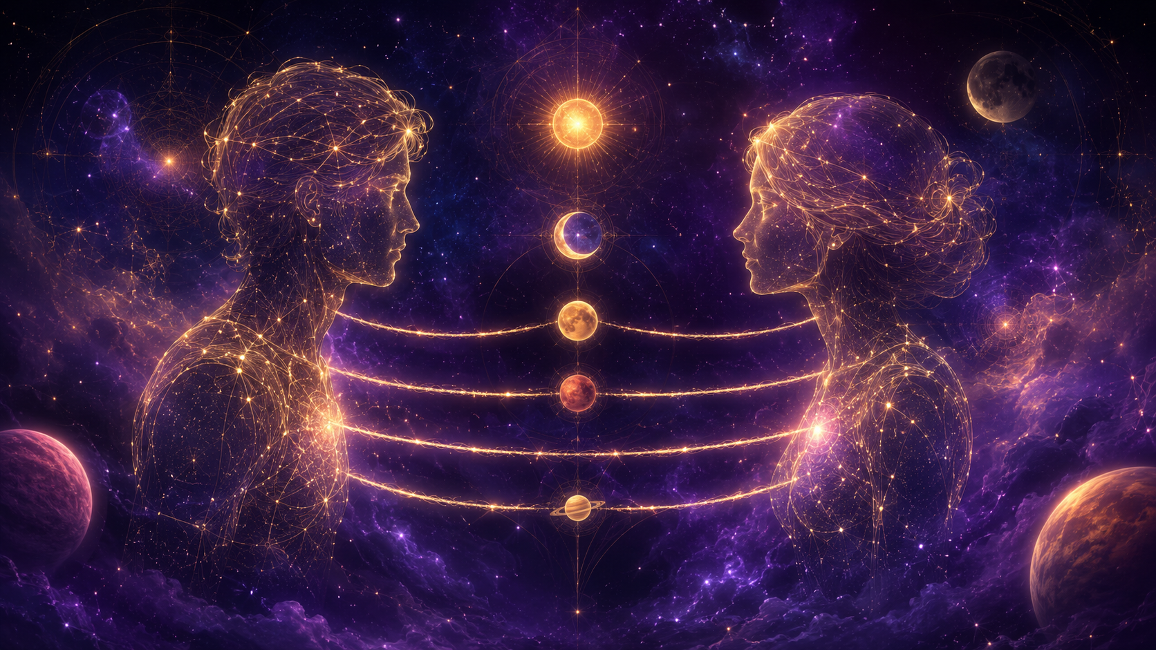 Two golden constellation figures facing each other, connected by glowing threads, with the Sun, Moon, Venus, Mars and Saturn between them — the layers of zodiac compatibility
